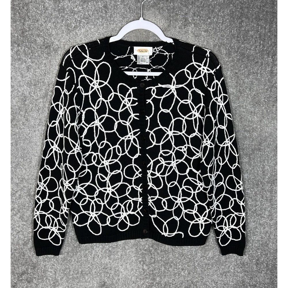 Vintage Talbots Cardigan Sweater Womens Size S Black White Geometric Button‎ Up
